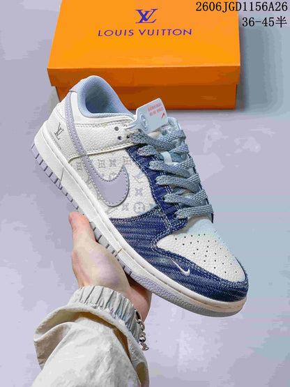 Nike Dunk Low White and Blue Monogram Sneakers
