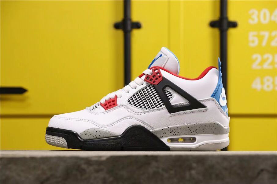 Opposite side profile highlighting the black side support, red lace hardware, blue heel accent, and speckled midsole.