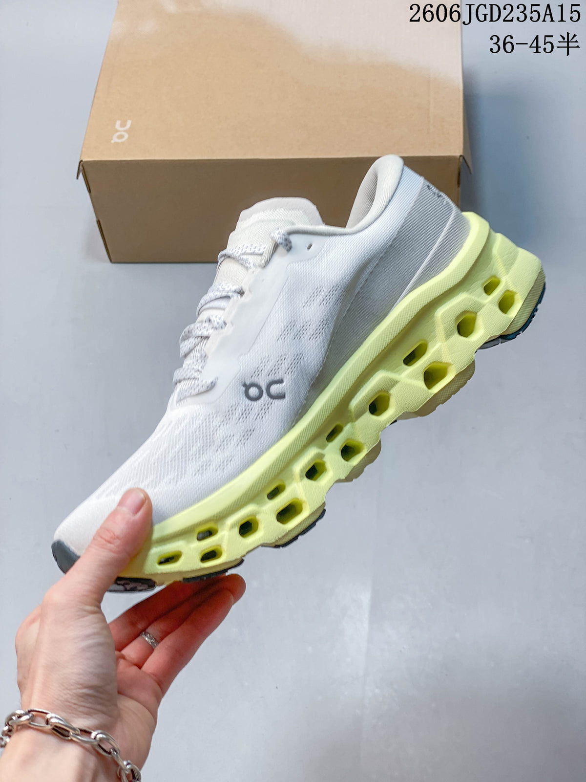 On Cloudmonster 3 Running Shoes, White and Volt Yellow