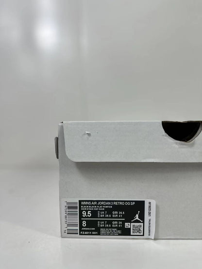 Shoebox label showing WMNS Air Jordan 3 Retro OG SP, Black/Black-Flat Pewter, EU 41, and style code FZ4811 001.