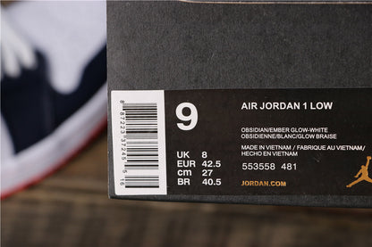 Shoe box label showing Air Jordan 1 Low, Obsidian/Ember Glow-White, style code 553558 481, and photographed size EU 42.5.