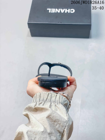 Chanel Dark Navy Thong Sandals with Logo Detail