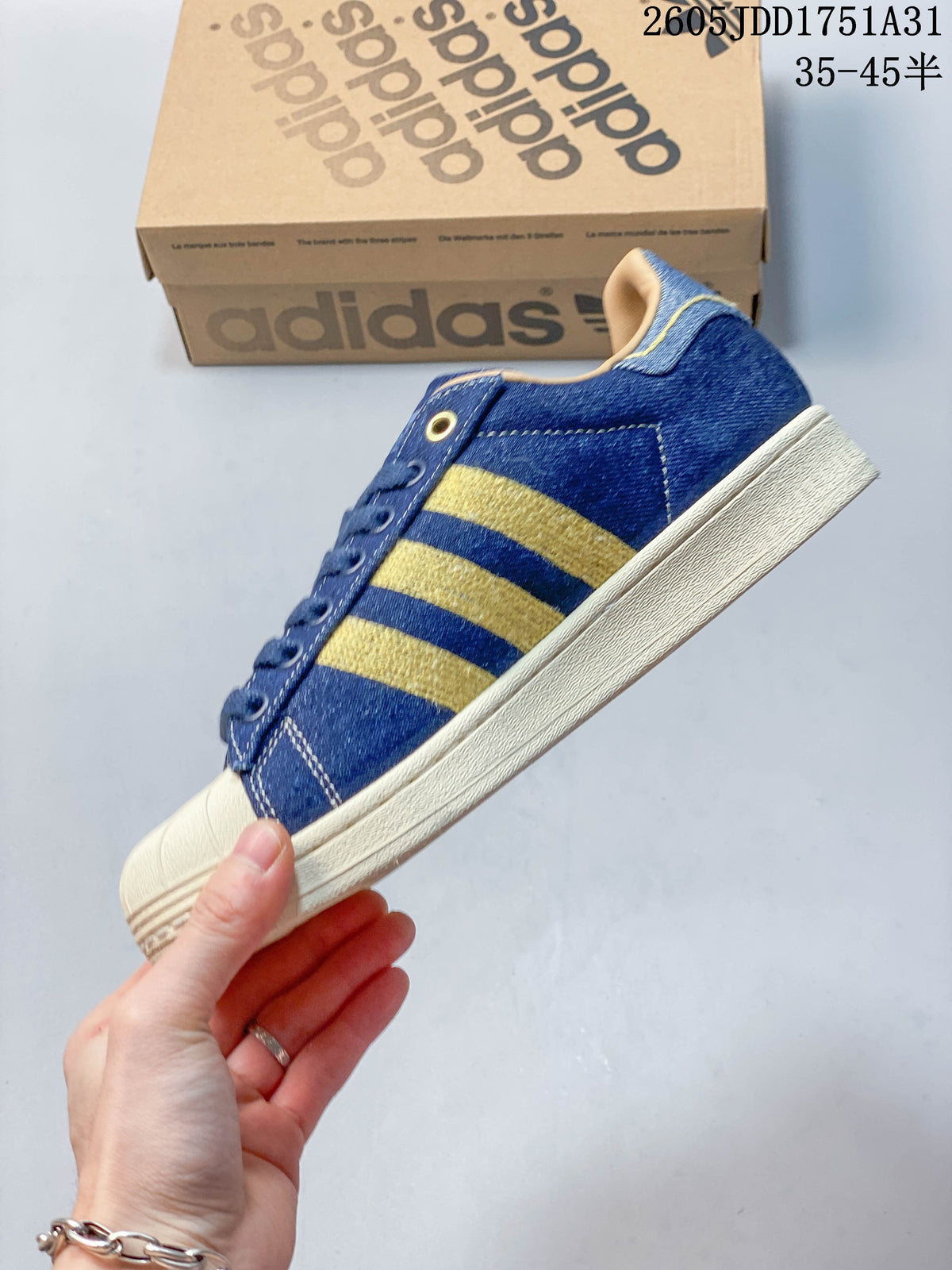Adidas Superstar Blue Denim and Gold Sneakers