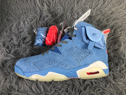 Full side profile of the sky blue high-top sneaker with layered midsole sections and a visible red outsole detail.
