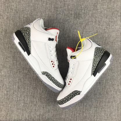 Two Jordan 3 sneakers arranged diagonally to show the side panels and elephant-print details
