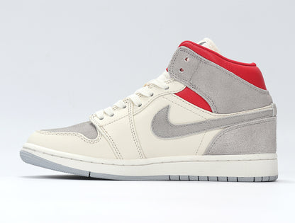 Side profile of one grey, white and red high-top sneaker with a grey Swoosh and layered upper.