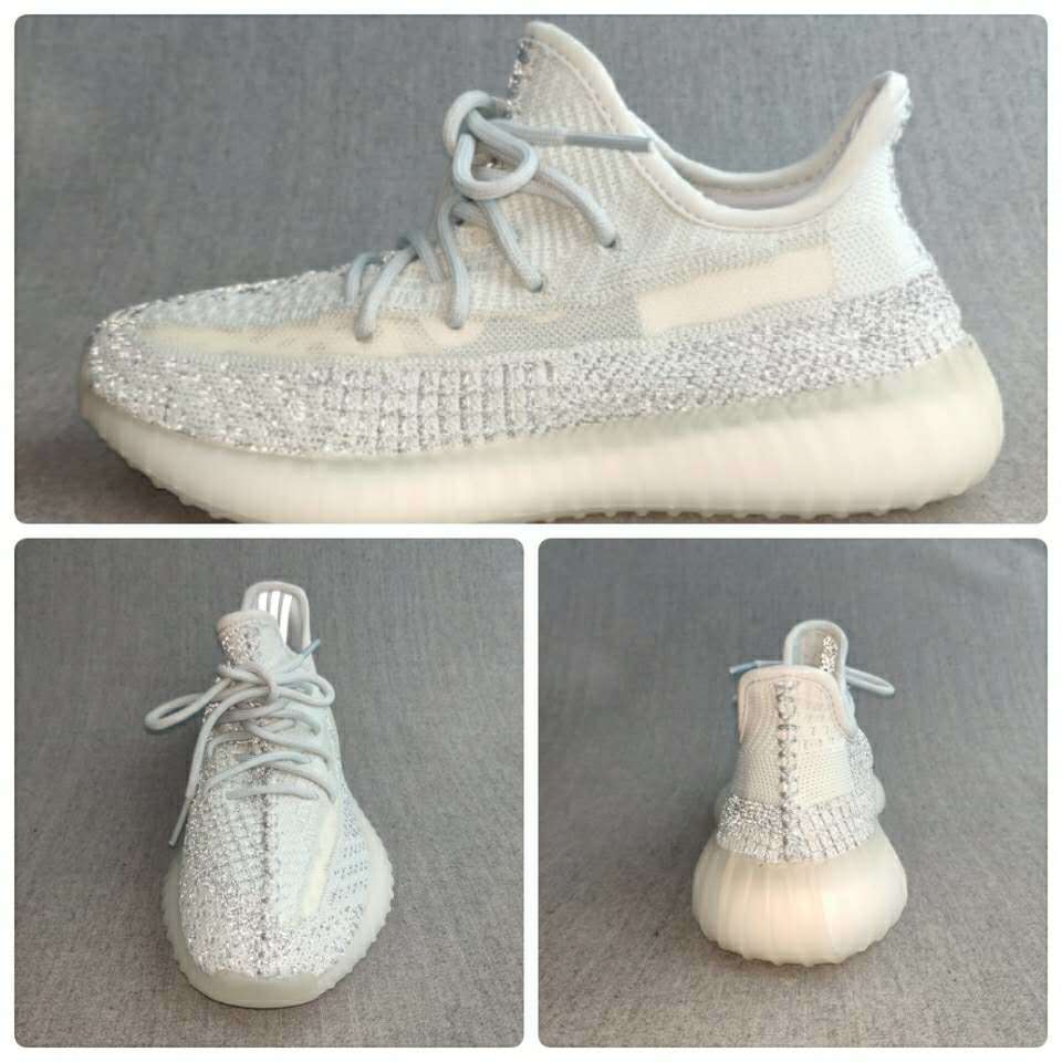 Composite view showing side, front, and rear angles of the white and silver sneaker.