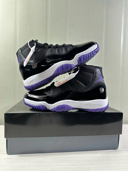 Stacked product view showing both sides of the black and purple sneaker pair.