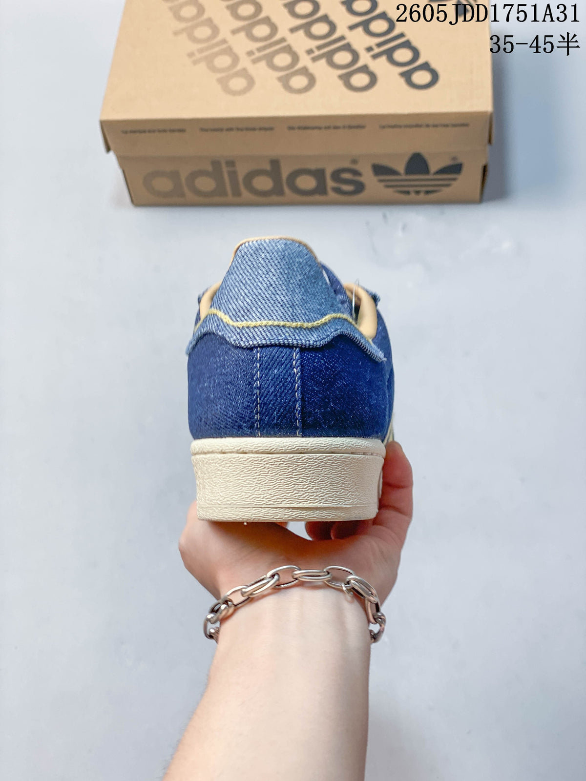 Adidas Superstar Blue Denim and Gold Sneakers