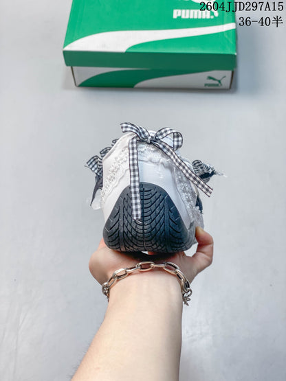 Puma White Gingham Ruffle Strap Flats