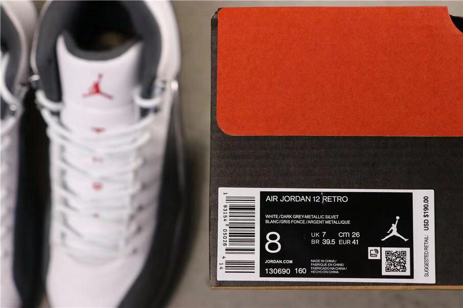 Air Jordan 12 Retro box label showing color details, size 8, EUR 41, CM 26 and style code 130690-160.