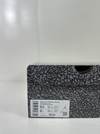 Shoebox label showing WMNS AIR JORDAN 3 RETRO, size 9.5, size 8Y, EU 41, CM 26, and style code CK9246 121.
