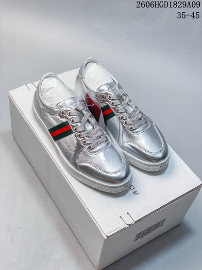 Gucci Silver Low-Top Sneakers with Green-Red Web Stripe