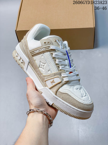 Louis Vuitton Trainer Low Sneakers in White and Beige