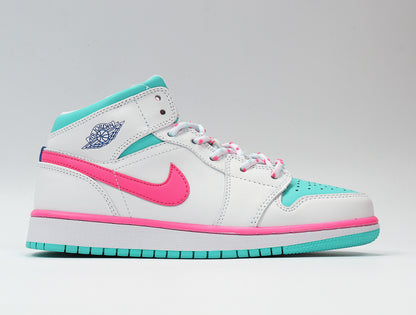 Opposite side profile showing Jordan wing branding, pink Swoosh detailing, and aqua outsole accents.