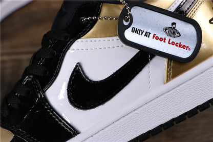 Close-up of the sneaker side showing a black Swoosh, white paneling, metallic gold accent, and black laces.