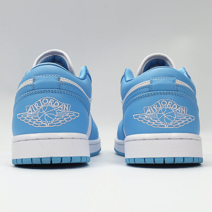Rear view showing blue heels, white winged basketball embroidery, and blue outsoles.