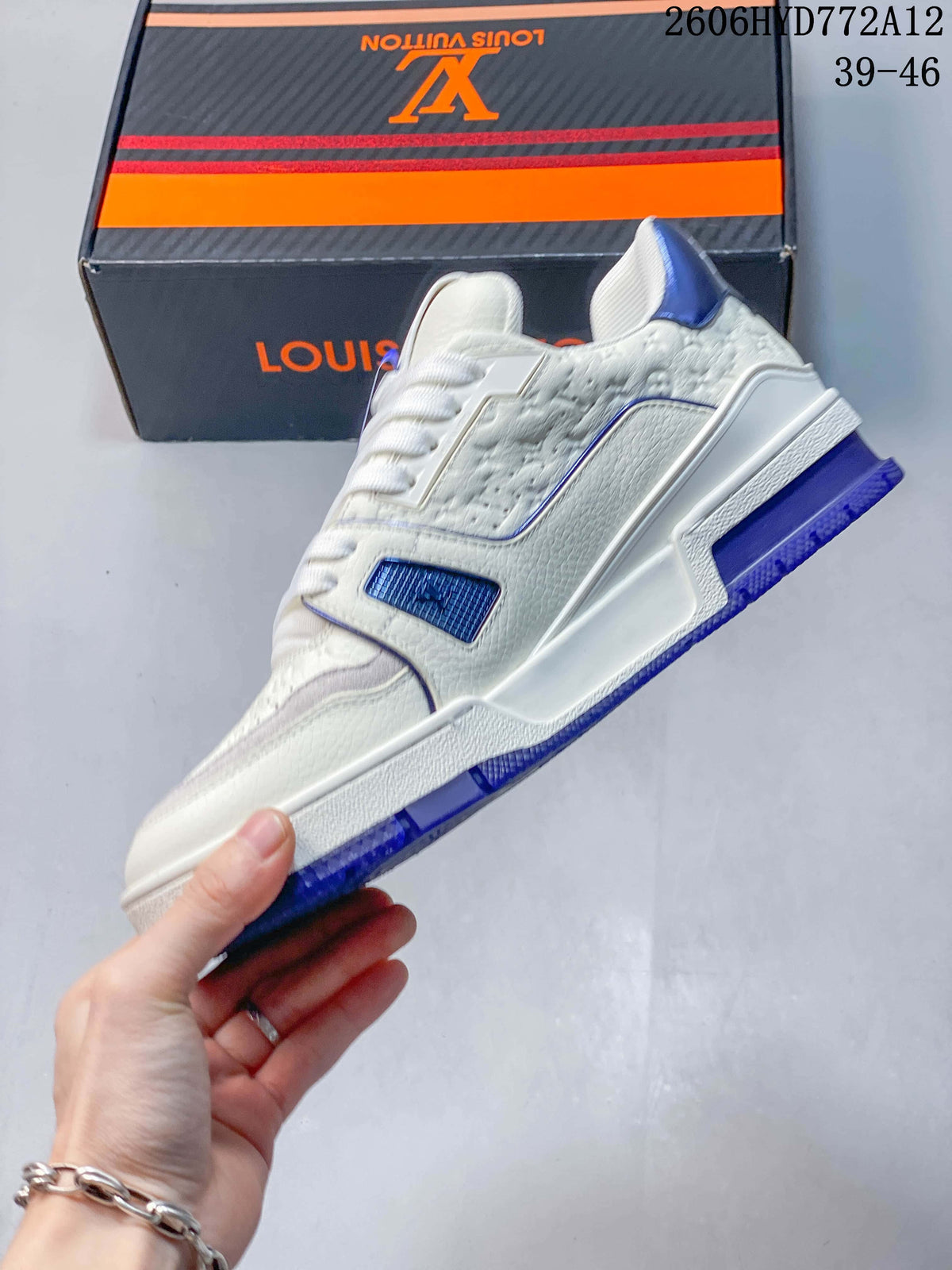Louis Vuitton White and Blue Low-Top Sneakers