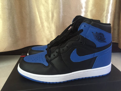 Close side view showing the blue Swoosh-style side panel, black upper and blue ankle section.