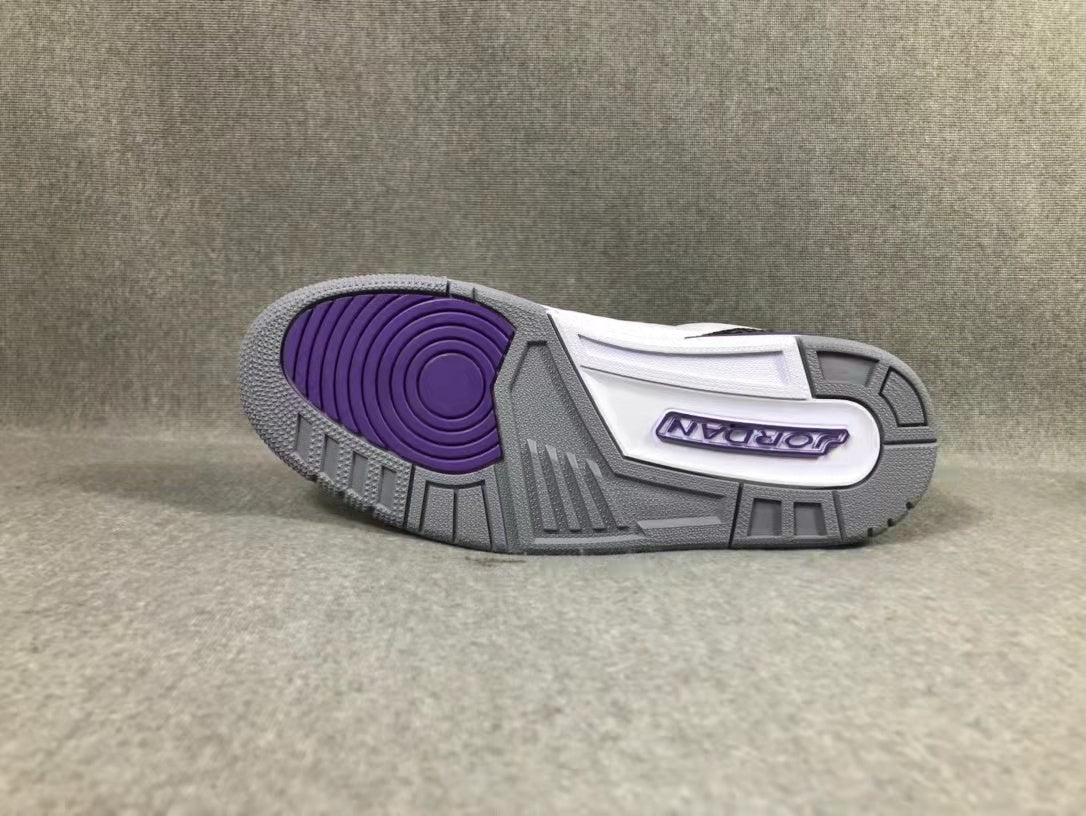 Outsole view showing the gray tread, purple circular traction section, and Jordan branding.