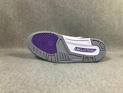 Outsole view showing the gray tread, purple circular traction section, and Jordan branding.