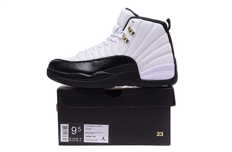 Side view of a white and black Air Jordan 12 Retro sneaker resting on its black shoe box; the box label shows a photographed size of EU 41.