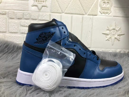 Side profile of a black and blue high-top sneaker with a clear bag containing an additional white lace set.