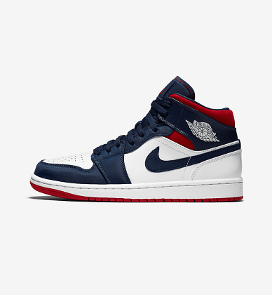 Side view of navy, white, and red Jordan high-top sneakers with a winged basketball emblem and rubber outsole.