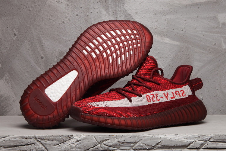 Burgundy and red Yeezy 350 V2-style sneakers shown from the side and outsole views.