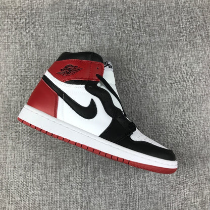 Angled side view of a Black Toe Air Jordan 1 high-top sneaker