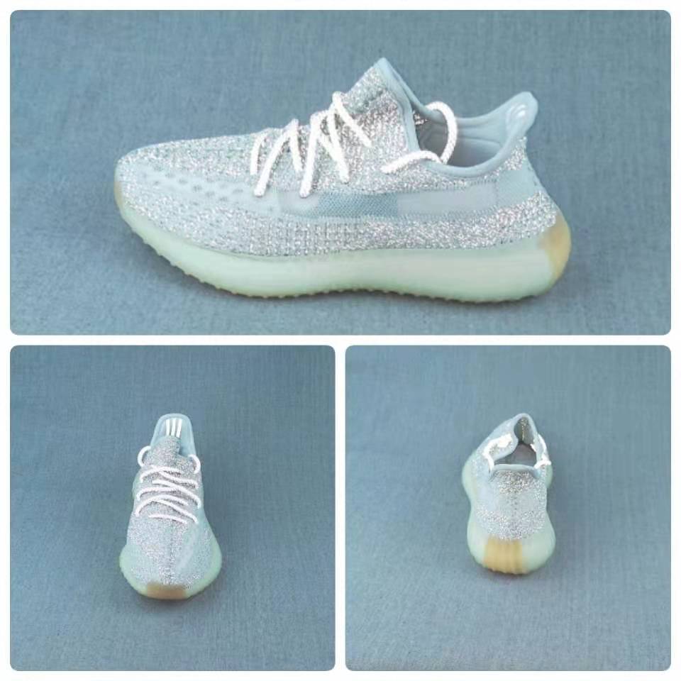 Yeezy 350 V2 sneaker shown from side, front, and rear angles in a pale icy colorway with a shimmering upper and translucent outsole.