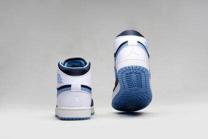 Rear views of Jordan 1 Retro sneakers with white heel panels and blue outsoles