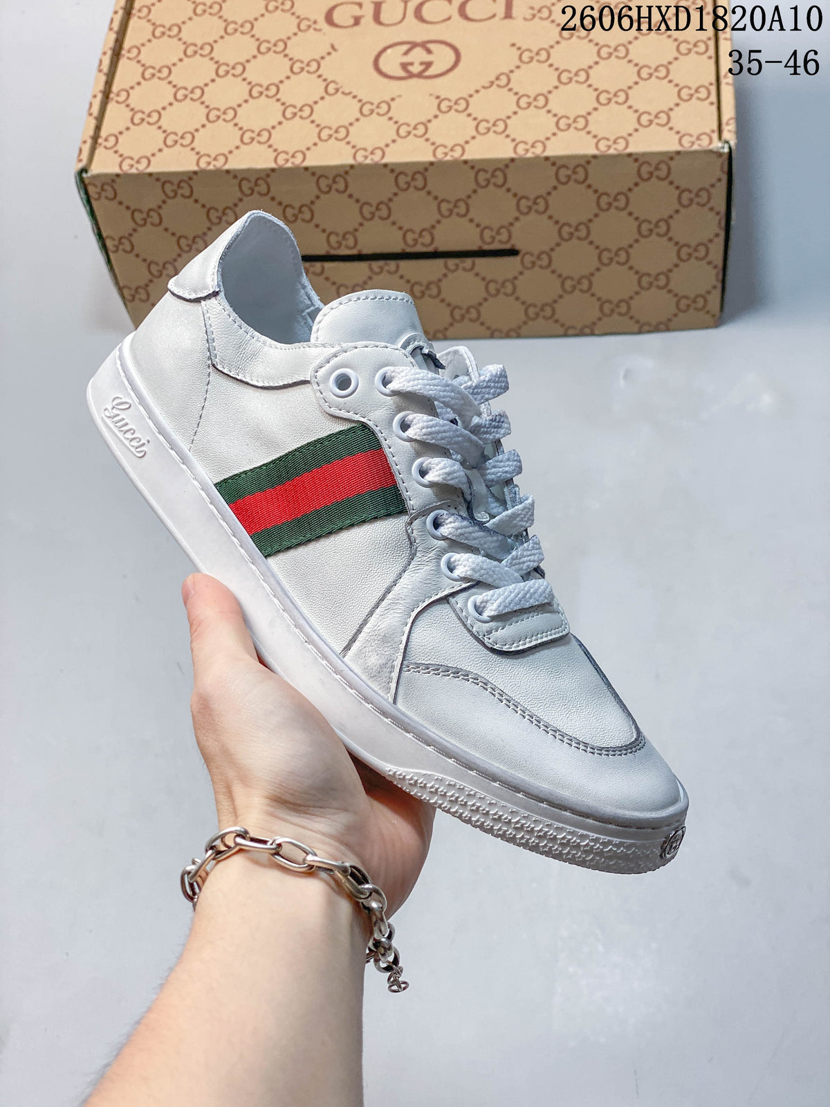 Gucci White Low-Top Sneakers with Green-Red Web Stripe