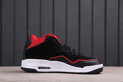 Side profile showing the high-top shape, red trim, white midsole, and side window.