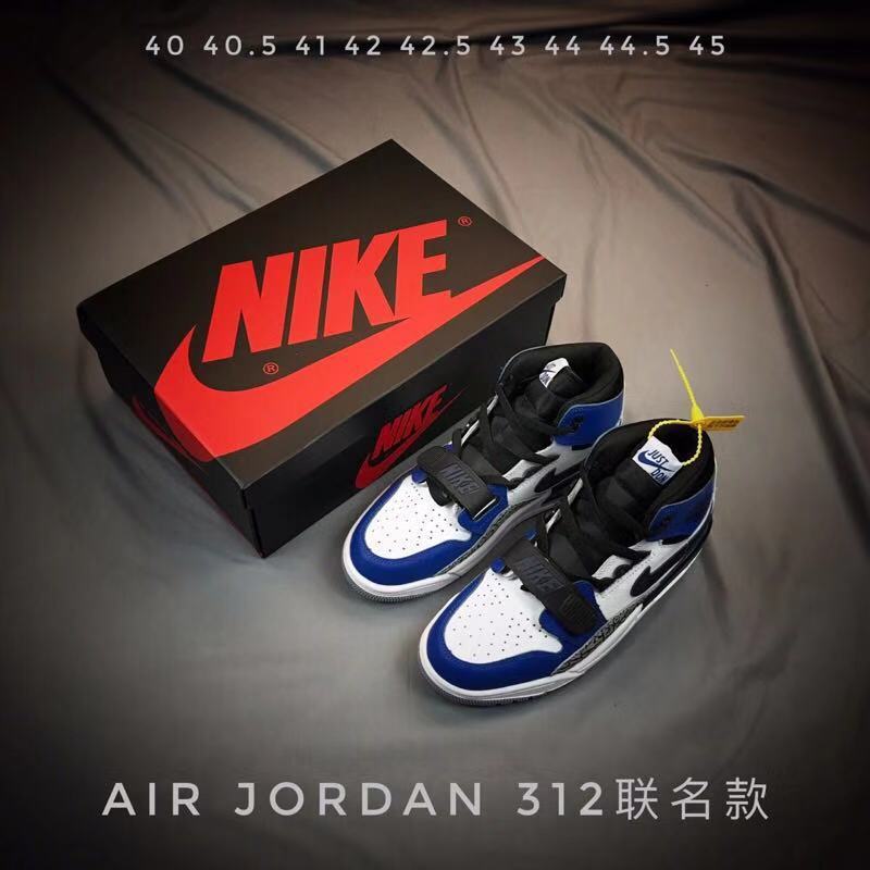 Pair of blue, white, and black high-top sneakers beside a branded shoebox; visible size text lists 40, 40.5, 41, 42, 42.5, 43, 44, 44.5, and 45.