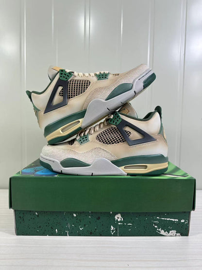 Stacked side view of the off-white and dark green Air Jordan 4 Retro sneakers.