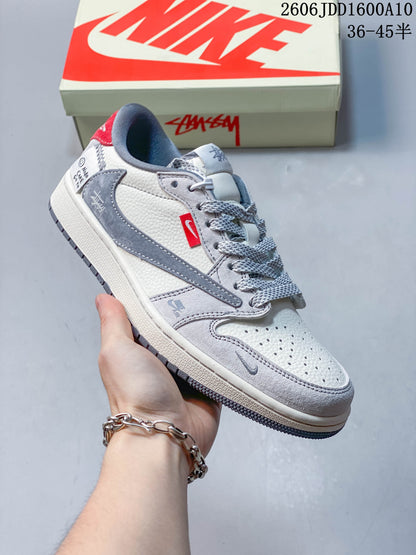 Jordan 1 Low Travis Scott x Stüssy-Style Sneakers Grey Red