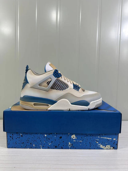 Single white and blue Jordan Air Jordan 4 Retro sneaker shown in side profile on a blue shoebox.