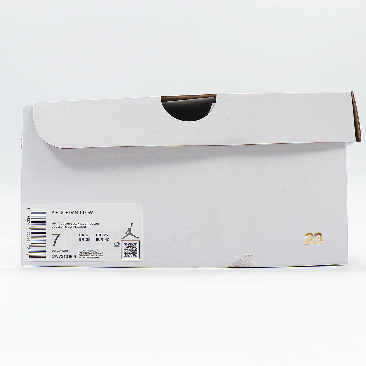 White shoebox showing Air Jordan 1 Low labeling, multicolor and black color description, and style code CW7310-909.