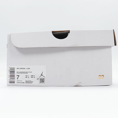 White shoebox showing Air Jordan 1 Low labeling, multicolor and black color description, and style code CW7310-909.
