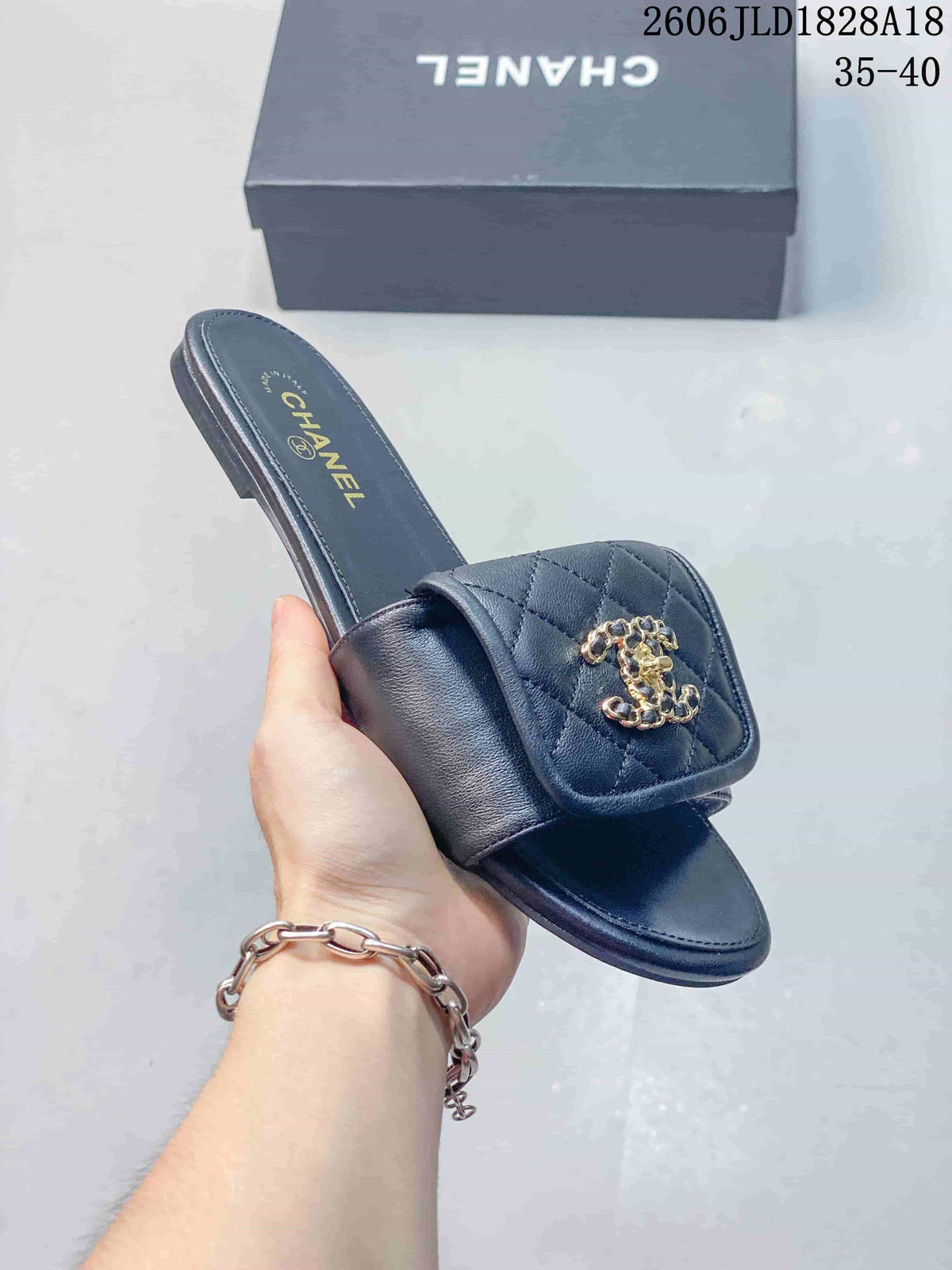 Chanel Quilted CC Slide Sandals in Navy