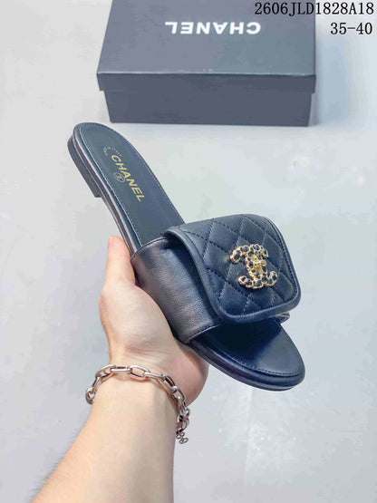 Chanel Quilted CC Slide Sandals in Navy