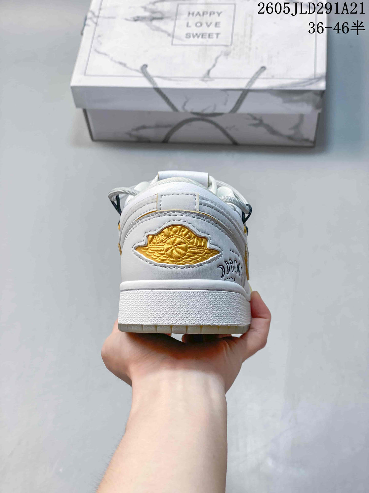 Air Jordan 1 Low White and Grey Sneakers with Gold Accents