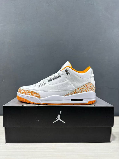 Side profile of a single white and orange Jordan Air Jordan 3 Retro sneaker on a shoebox.