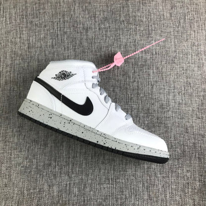 Single white and black high-top sneaker shown in side profile with a speckled grey midsole.