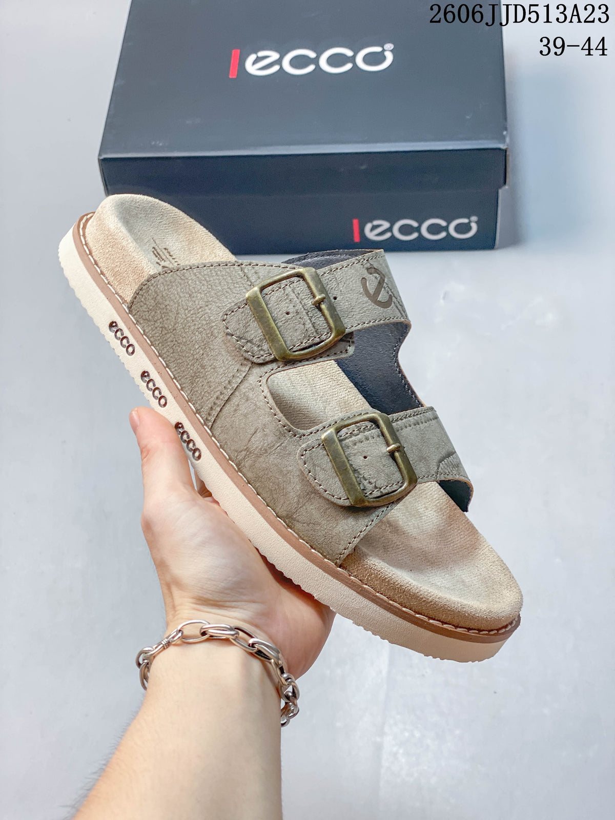 ECCO Double-Buckle Slide Sandals in Taupe