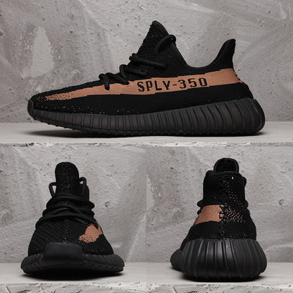 Collage showing side, front, and rear views of the black Yeezy 350 V2-style sneaker with a peach-toned stripe.