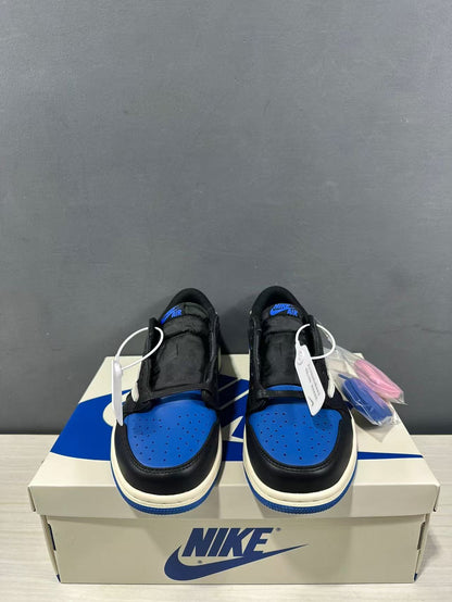 Top-down view showing blue perforated toe boxes, black uppers, and blue tongue branding.