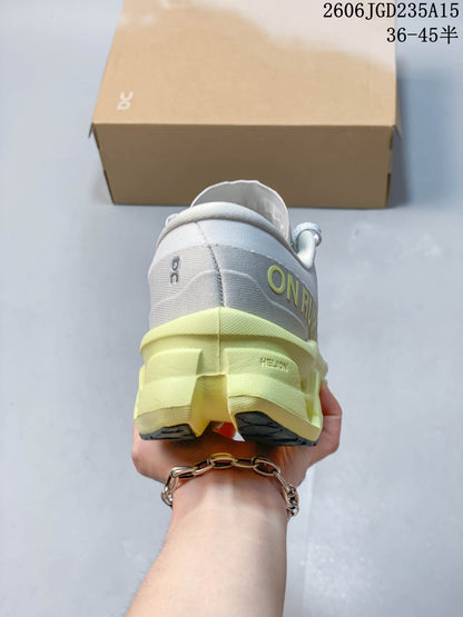 On Cloudmonster 3 Running Shoes, White and Volt Yellow