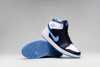 Jordan 1 Retro sneaker pair showing the side panels and blue outsole tread